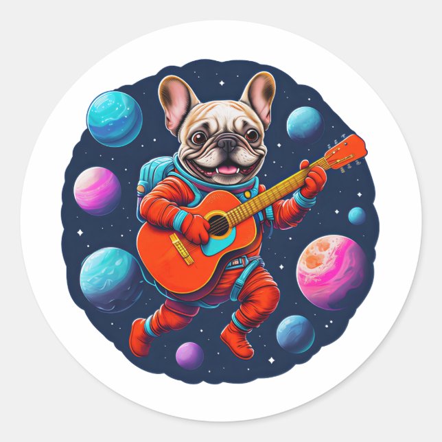 Cute French Bulldog Astronaut Playing Guitar – Fun Classic Round Sticker (Front)