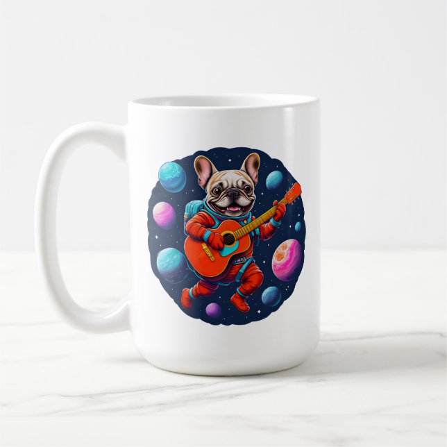 Cute French Bulldog Astronaut Playing Guitar – Fun Coffee Mug (Left)