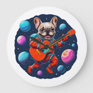 Cute French Bulldog Astronaut Playing Guitar – Fun Large Clock