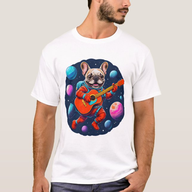 Cute French Bulldog Astronaut Playing Guitar – Fun T-Shirt (Front)