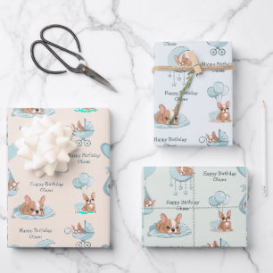 Cute French Bulldog Baby Boy Birthday Wrapping Paper Sheet
