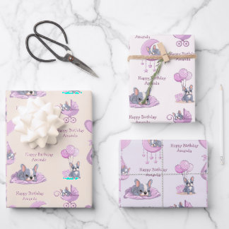 Cute French Bulldog Baby Girl Birthday Wrapping Paper Sheet