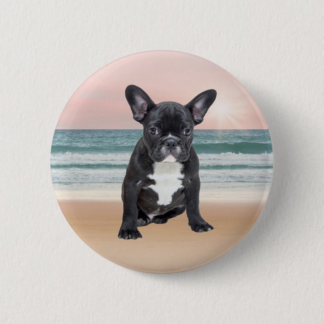 Cute French Bulldog Beach Sun Water 2 Inch Round Button (Front)