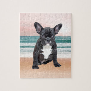 Cute French Bulldog Beach Sun Water Jigsaw Puzzle