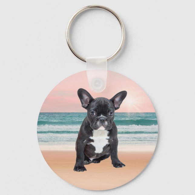 Cute French Bulldog Beach Sun Water Keychain (Front)