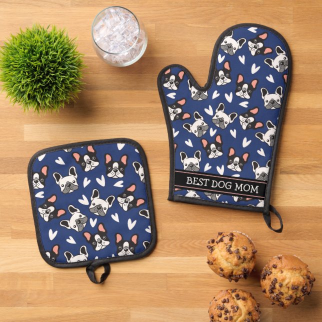 Cute French Bulldog Best Mom Pattern Oven Mitt & Pot Holder Set (Top Down)
