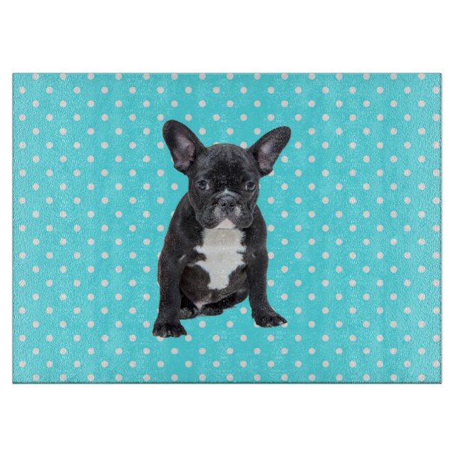 Cute French Bulldog  Blue Polka Dots Cutting Board (Front)