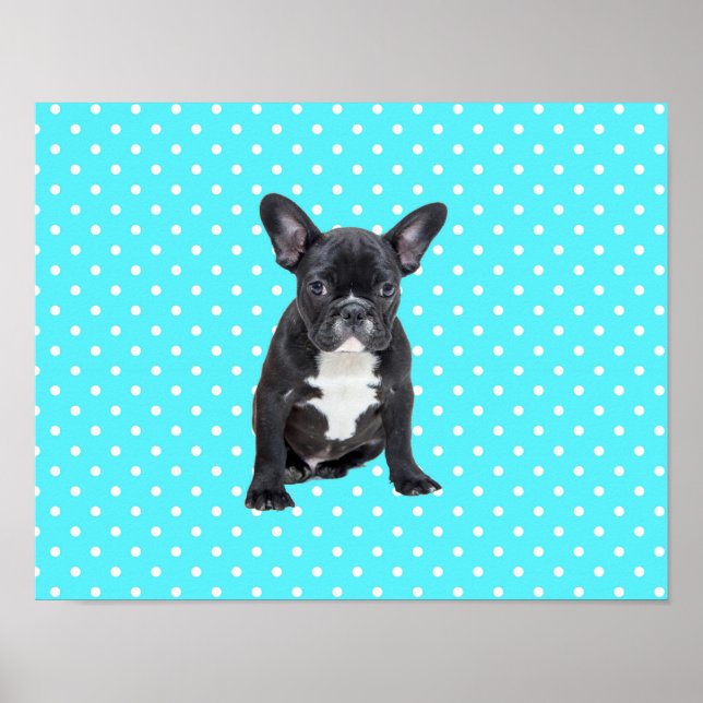 Cute French Bulldog Blue Polka Dots Poster (Front)
