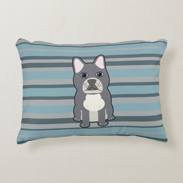 Cute French Bulldog Blue Striped Accent Pillow (Front)