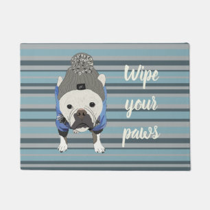 Cute French Bulldog Blue Striped Doormat