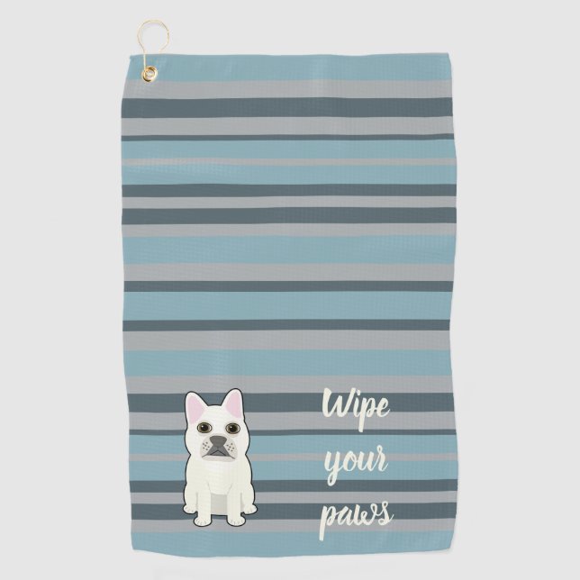 Cute French Bulldog Blue Striped Golf Towel (Front)