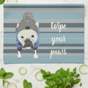 Cute French Bulldog Blue Striped Kitchen Towel