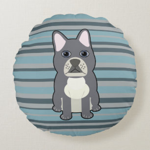 Cute French Bulldog Blue Striped Round Pillow