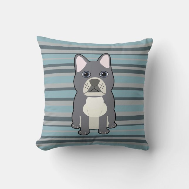 Cute French Bulldog Blue Striped Throw Pillow (Front)