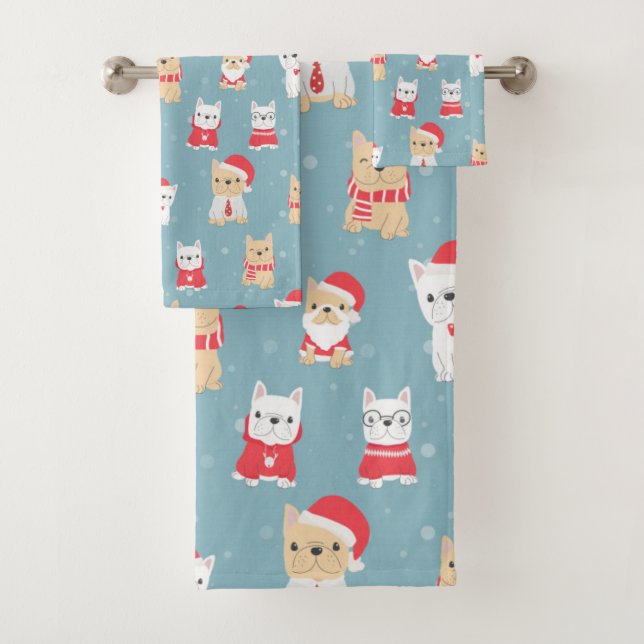 Cute French Bulldog Christmas Pattern Bath Towel Set (Insitu)