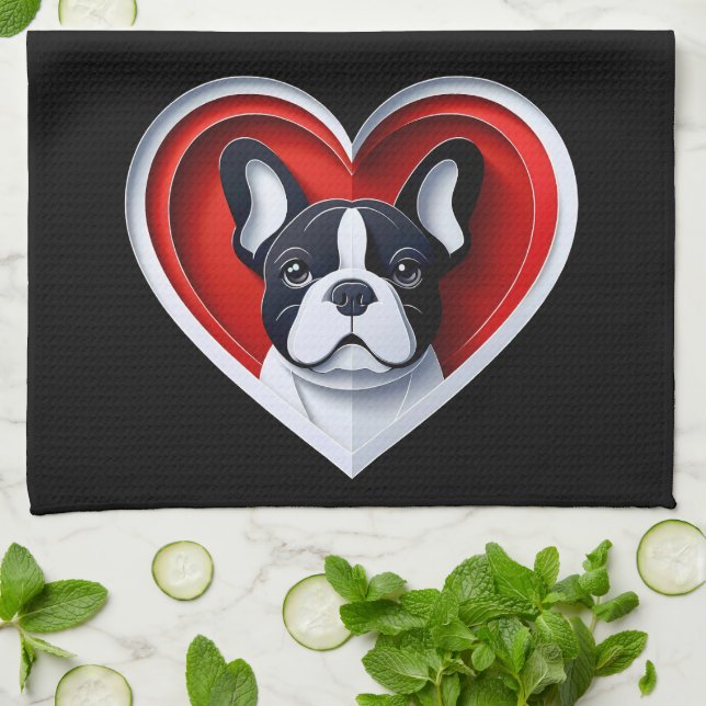 Cute French Bulldog Frenchie in Red Heart Kitchen Towel (Folded)