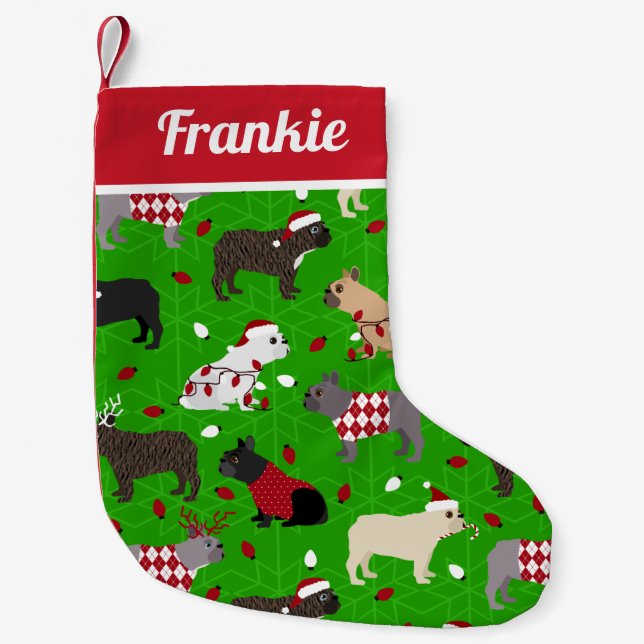 Cute French Bulldog Green Small Christmas Stocking (Front)