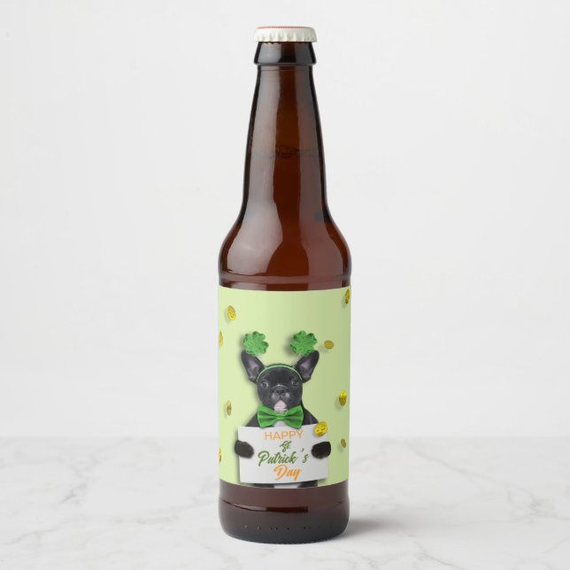 Cute French Bulldog Happy St. Patrick’s Day Clover Beer Bottle Label (Front)
