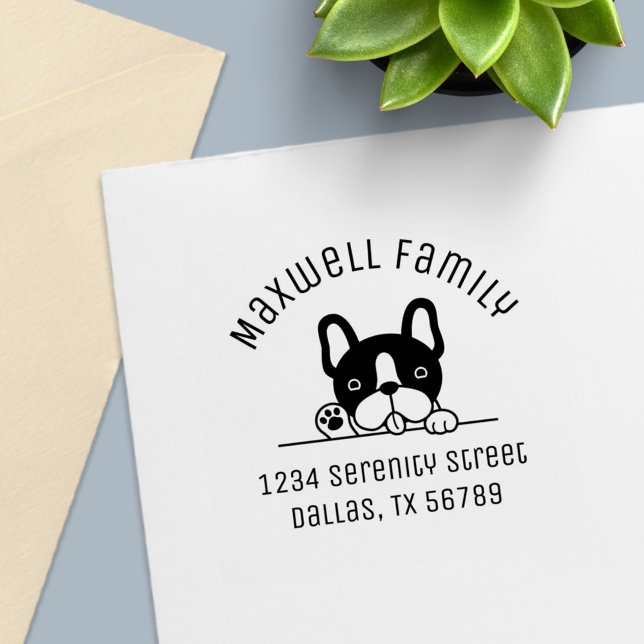 Cute French Bulldog Peeking Arch Family Address Self-inking Stamp (Creator Uploaded)