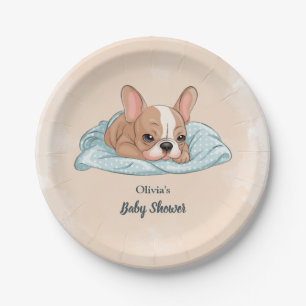 Cute French Bulldog Pup Blue Blanket Baby Shower Paper Plate