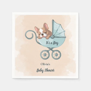 Cute French Bulldog Pup Blue Stroller Baby Shower Napkin