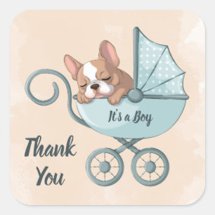 Cute French Bulldog Pup Blue Stroller Baby Shower Square Sticker