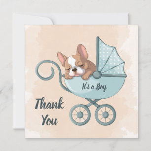 Cute French Bulldog Pup Blue Stroller Baby Shower Thank You Card