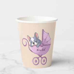 Cute French Bulldog Pup Pink Stroller Baby Shower Paper Cups