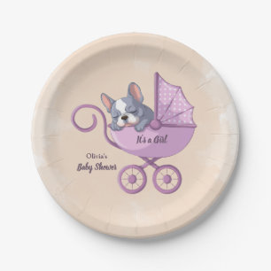 Cute French Bulldog Pup Pink Stroller Baby Shower Paper Plate