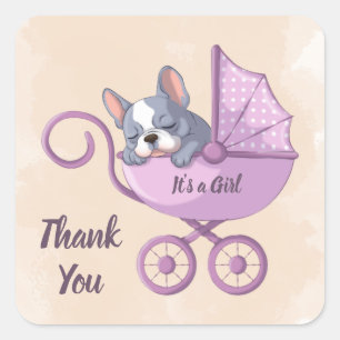 Cute French Bulldog Pup Pink Stroller Baby Shower Square Sticker