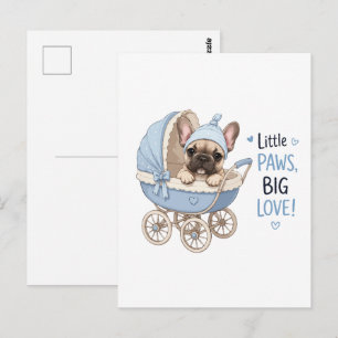 Cute French Bulldog Puppy Baby Stroller Retro Art Postcard