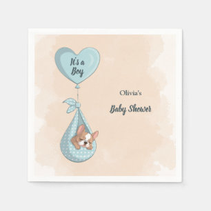 Cute French Bulldog Puppy Blue Heart Baby Shower Napkin