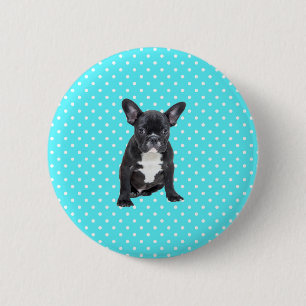 Cute French Bulldog Puppy Blue Polka Dots 2 Inch Round Button