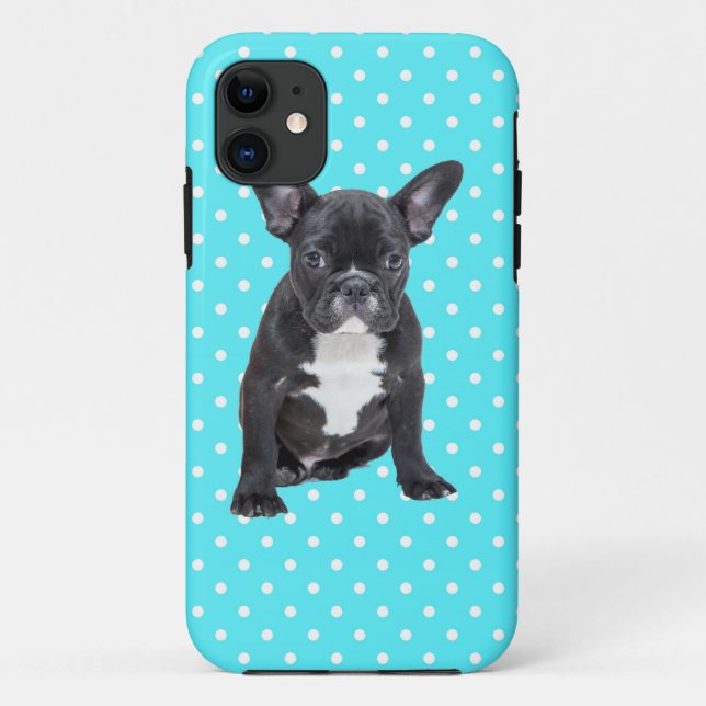Cute French Bulldog Puppy Blue Polka Dots Case-Mate iPhone Case (Back)