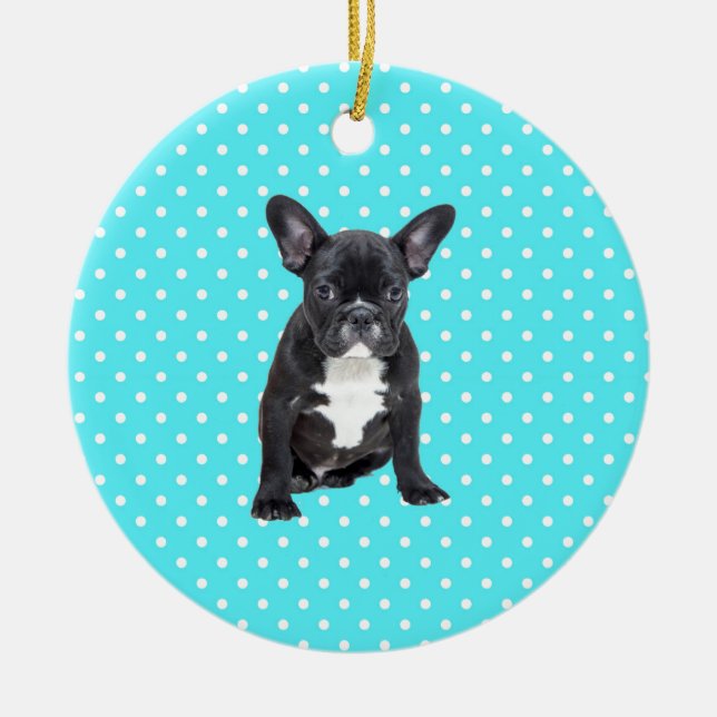 Cute French Bulldog Puppy Blue Polka Dots Ceramic Ornament (Front)