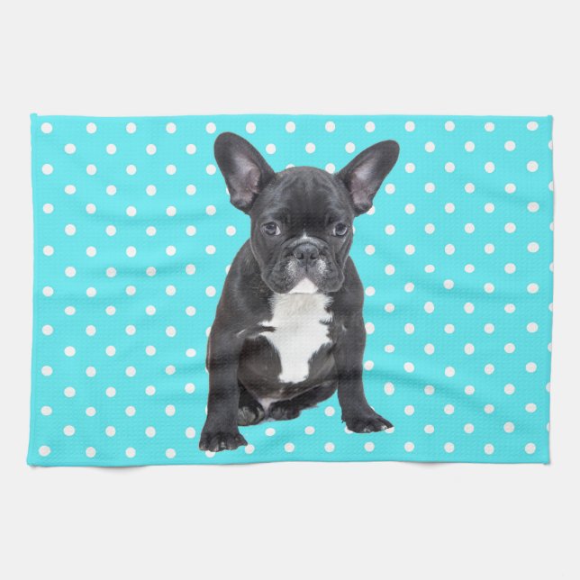 Cute French Bulldog Puppy Blue Polka Dots Kitchen Towel (Horizontal)