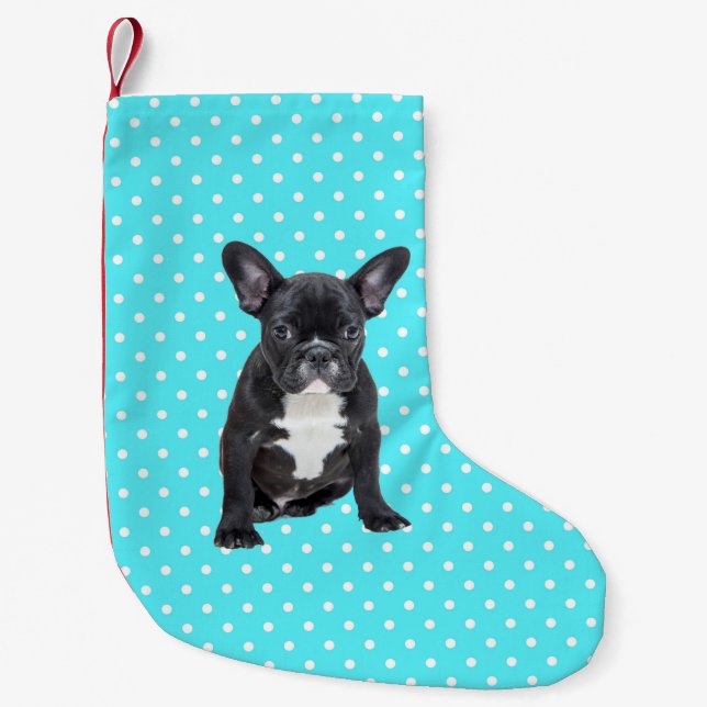 Cute French Bulldog Puppy Blue Polka Dots Small Christmas Stocking (Front)