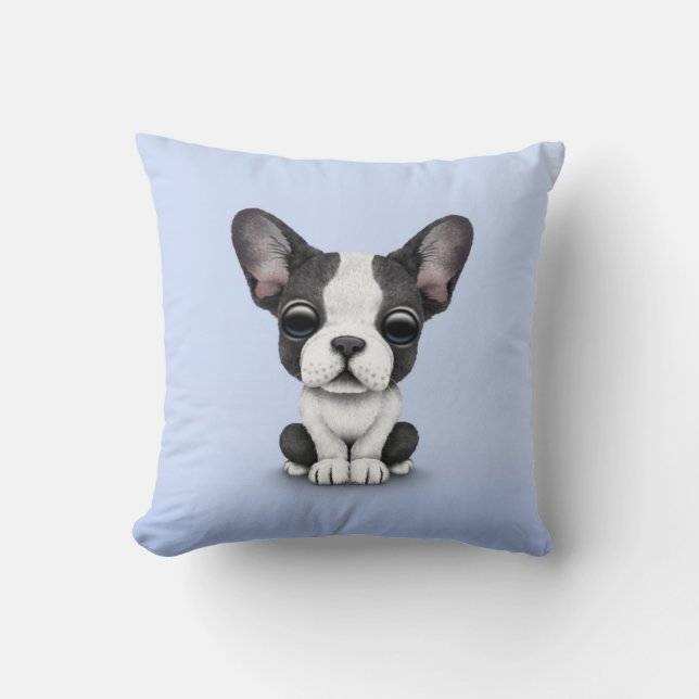 Cute French Bulldog Puppy Dog on Light Blue Throw Pillow (Front)