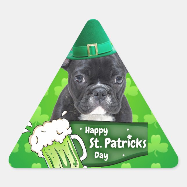 Cute French Bulldog Puppy Hat St. Patrick Day Triangle Sticker (Front)