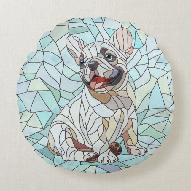 Cute French Bulldog Puppy - pastel mosaic Round Pillow (Front)