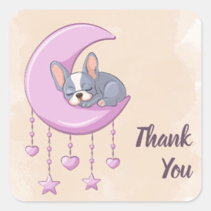 Cute French Bulldog Puppy Pink Moon Baby Shower Square Sticker