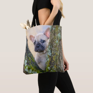 Cute French Bulldog Puppy Posing in a Branch Fork Tote Bag