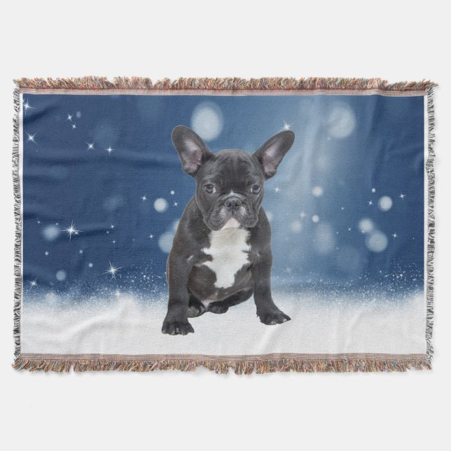 Cute French Bulldog Puppy Snow Stars Blue Blanket (Front)