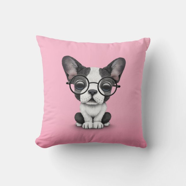 Cute French Bulldog Puppy with Glasses, pink Throw Pillow (Front)