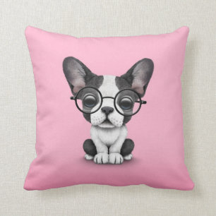 Cute French Bulldog Puppy with Glasses, pink Throw Pillow