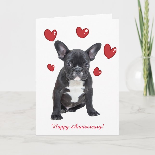Cute French Bulldog Red Hearts Anniversary Card (Front)