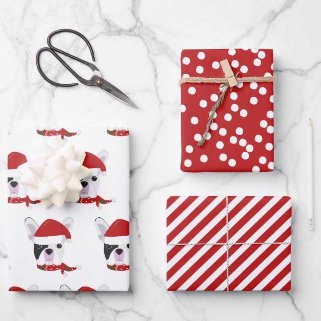 Cute French Bulldog & Red Striped Christmas Wrapping Paper Sheet (Front)