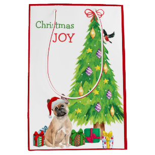 Cute French Bulldog Santa Hat and Christmas Tree Medium Gift Bag