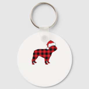Cute French Bulldog Santa Hat Christmas Red Plaid Keychain