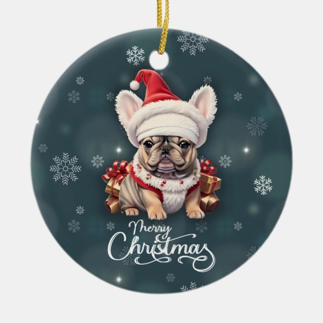 Cute French Bulldog Santa Hat Merry Christmas Ceramic Ornament (Front)